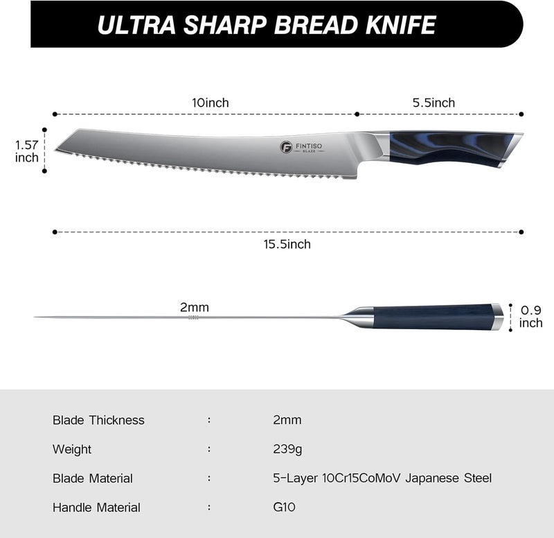 FINTISO Bread Knife 10 Inch, Serrated Bread Cutter with Razor Sharp Japanese High Carbon Stainless Steel Blade & G10 Ergonomic Handle, Wavy Edge Knife for Bread, Cake & Pastries, Ideal Baking Gift - Image 3